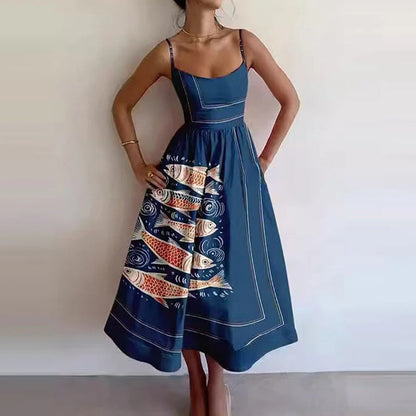 Sexy U-Neck Belted Ruffle Strap Flared Dress