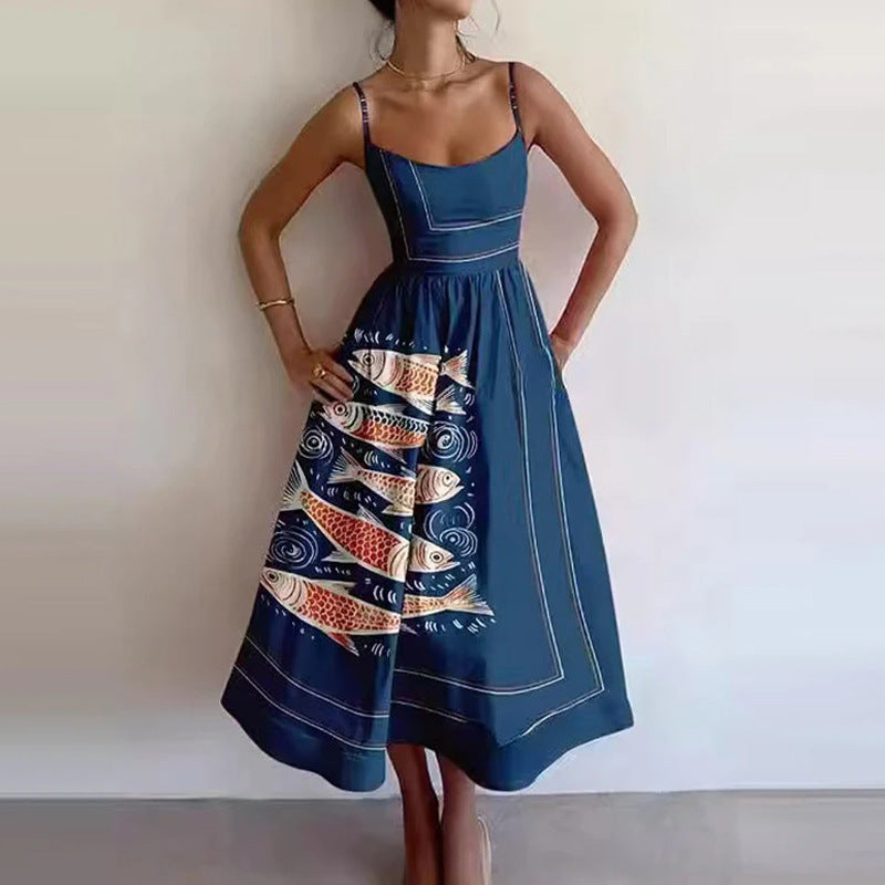 Sexy U-Neck Belted Ruffle Strap Flared Dress