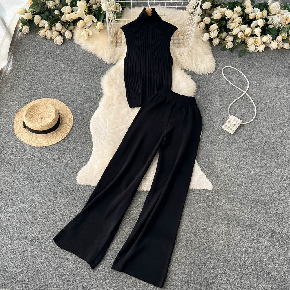 Fashion Fall Knitted 3pcs Cardigan High Neck Sweater Wide Legs Pants