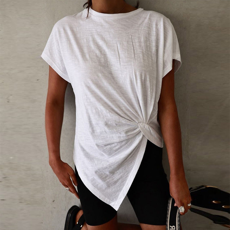 Women's Asymmetric Knot Front Round Neck Short Sleeve T-Shirt