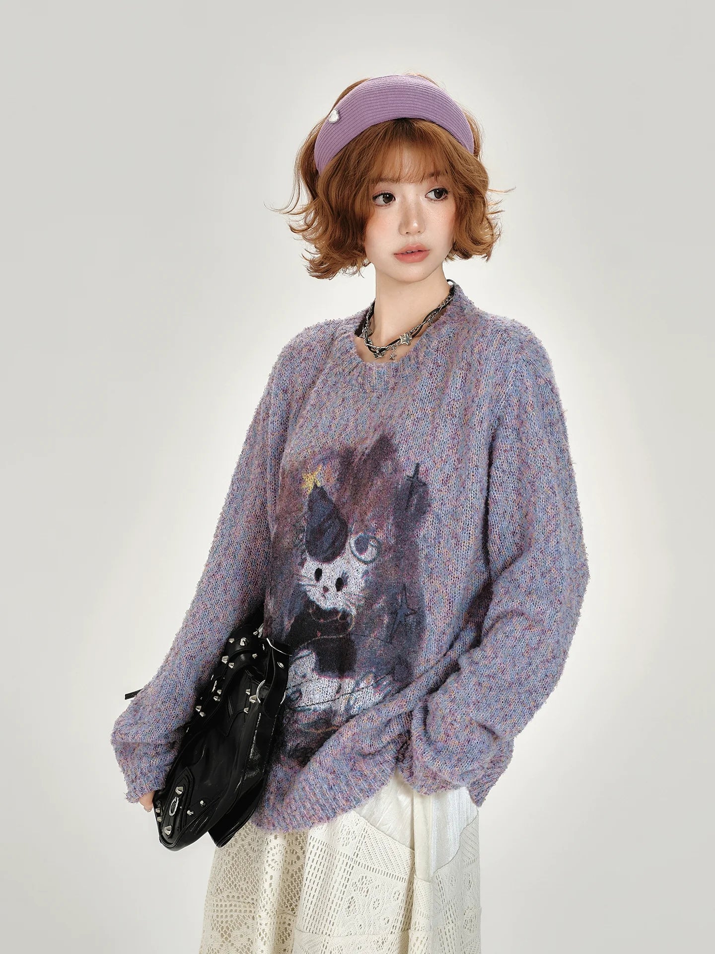 Girlyhalo Women's Loose Fit Retro Print Sweater - Crewneck Fall Pullover-Purple-S-Free Shipping Leatheretro