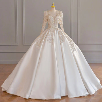 Gorgeous Court V Neck Satin Long Sleeves Bridal Dresses