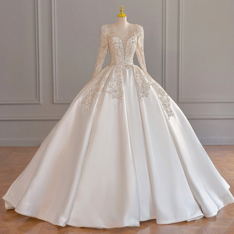 Gorgeous Court V Neck Satin Long Sleeves Bridal Dresses