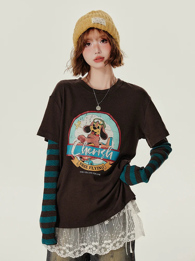 Girlyhalo Retro Fake Two-Piece Round Neck Long Sleeve T-Shirt-Color matching without lace-S-Free Shipping Leatheretro