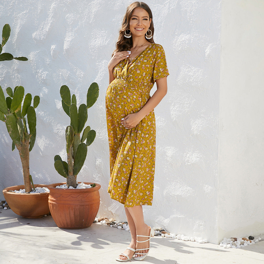 Stretchy Waist Printed Maternity Chiffon Dress