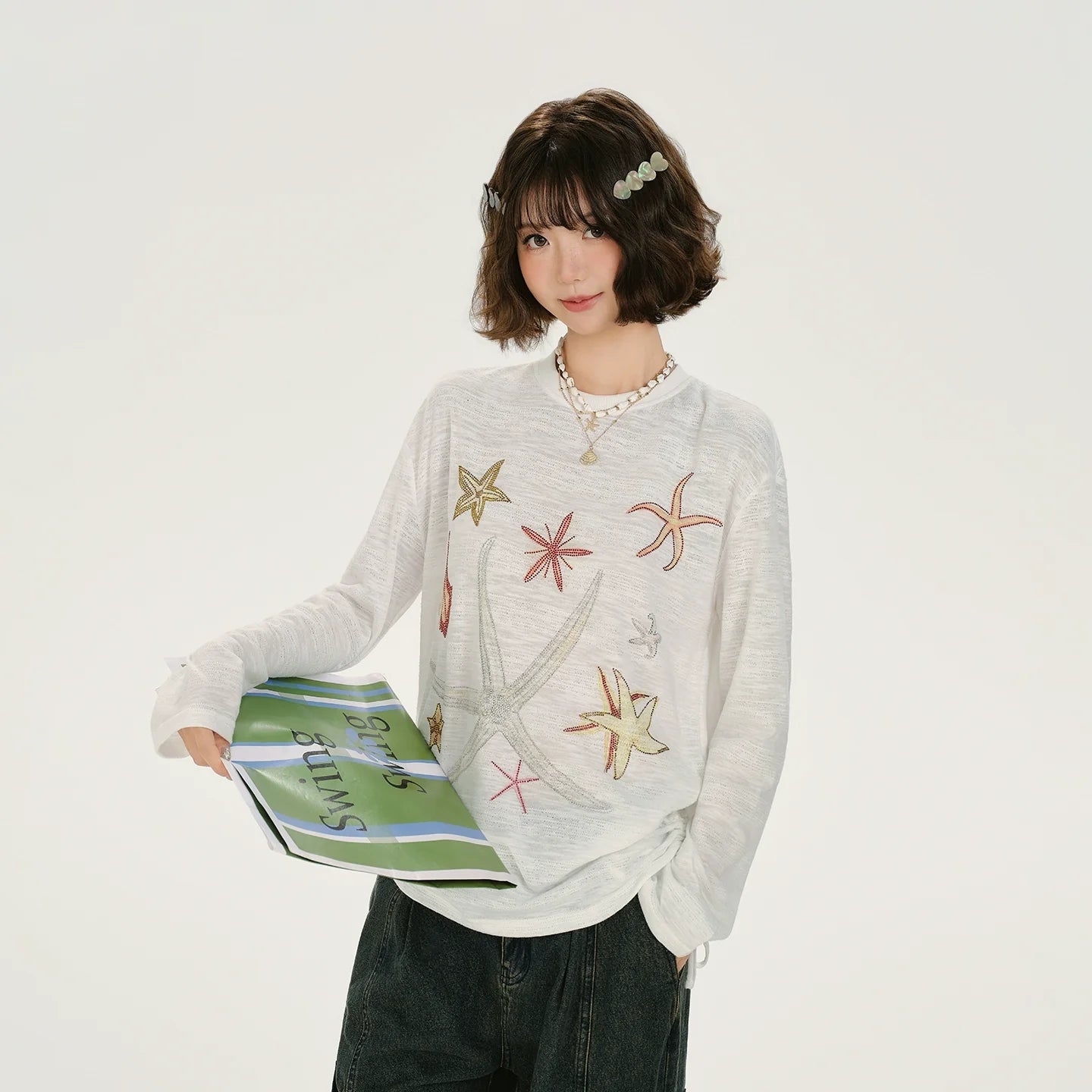 Girlyhalo Retro Print Rhinestone Long Sleeve T-Shirt