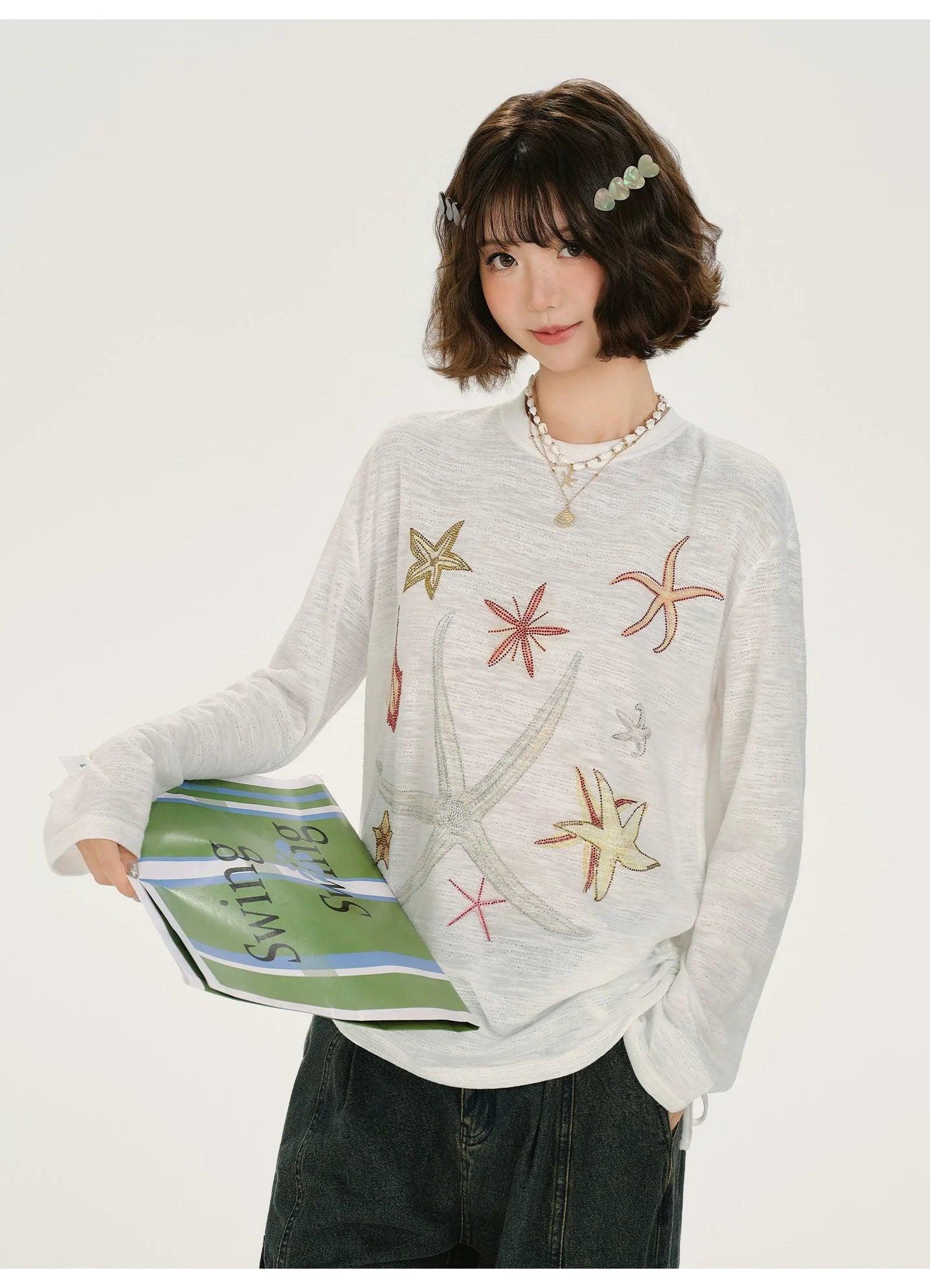 Girlyhalo Retro Print Rhinestone Long Sleeve T-Shirt