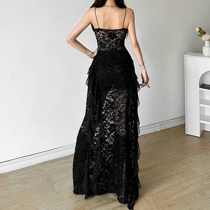 Summer Black Slim Fit High Waist V-Neck Mesh Slip Dress