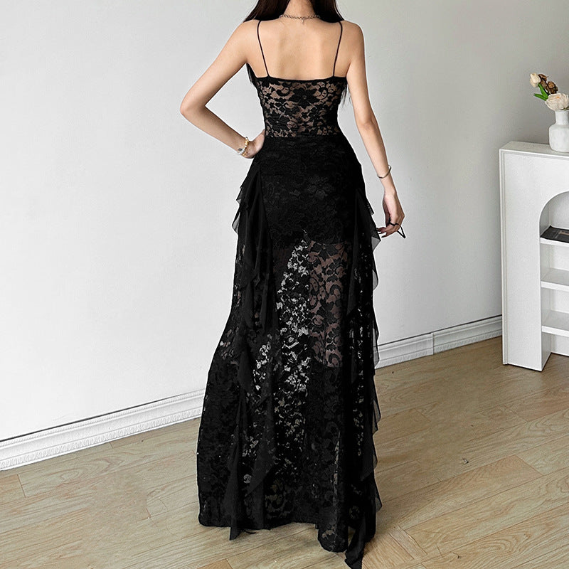 Summer Black Slim Fit High Waist V-Neck Mesh Slip Dress