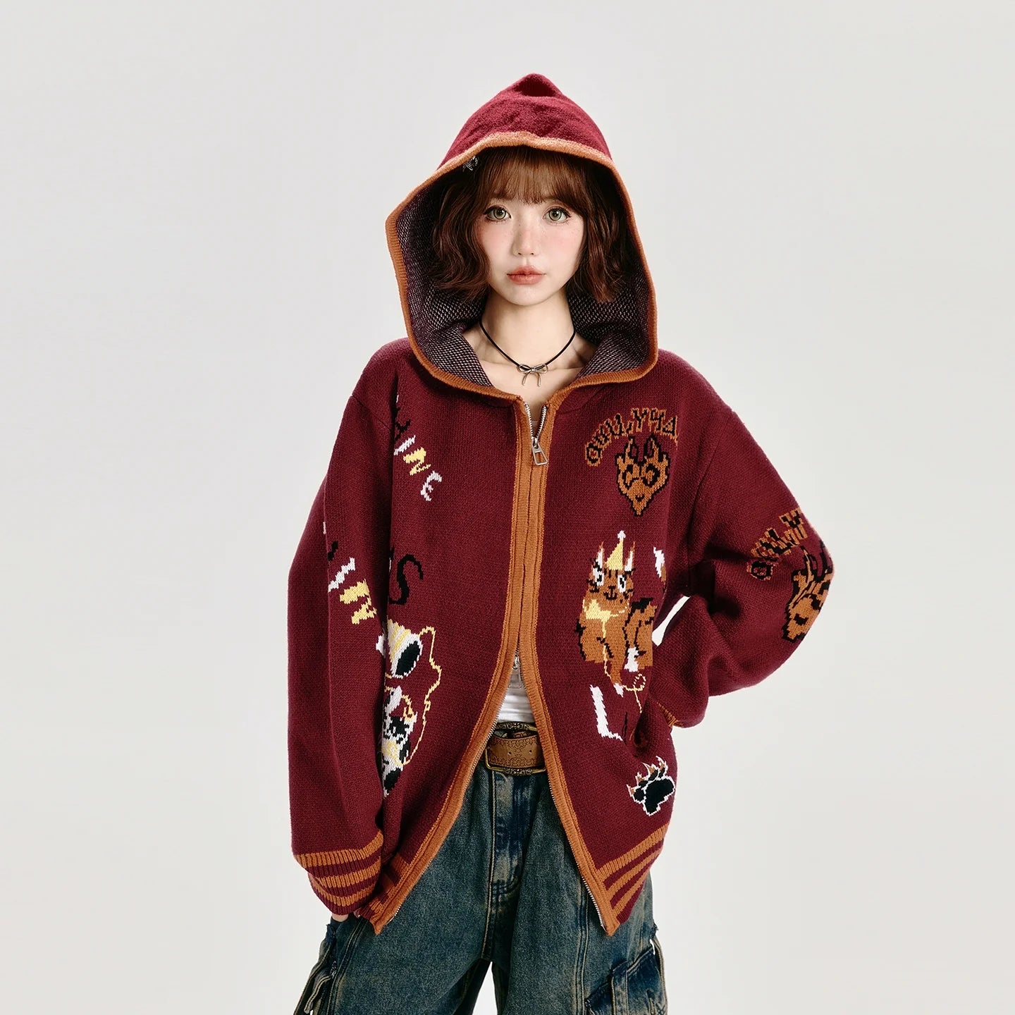 Girlyhalo Oversized Hooded Cardigan-Red-S-Free Shipping Leatheretro