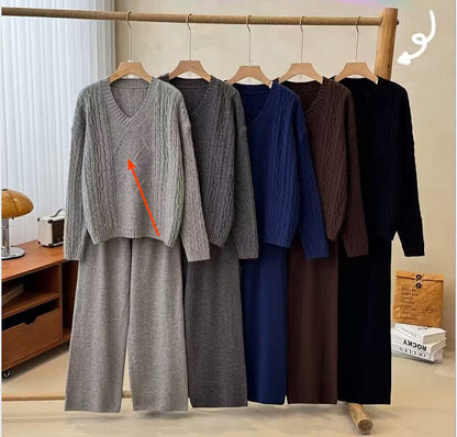 Women's Fashion Casual Long Sleeve Sweater Set – Winter Warm Knit Pullover & Wide-Leg Pants Two-Piece Outfit