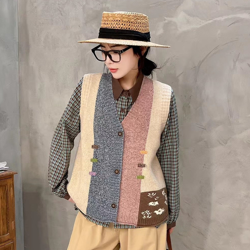 Designed Vintage V Neck Wool Knitted Vest Tops