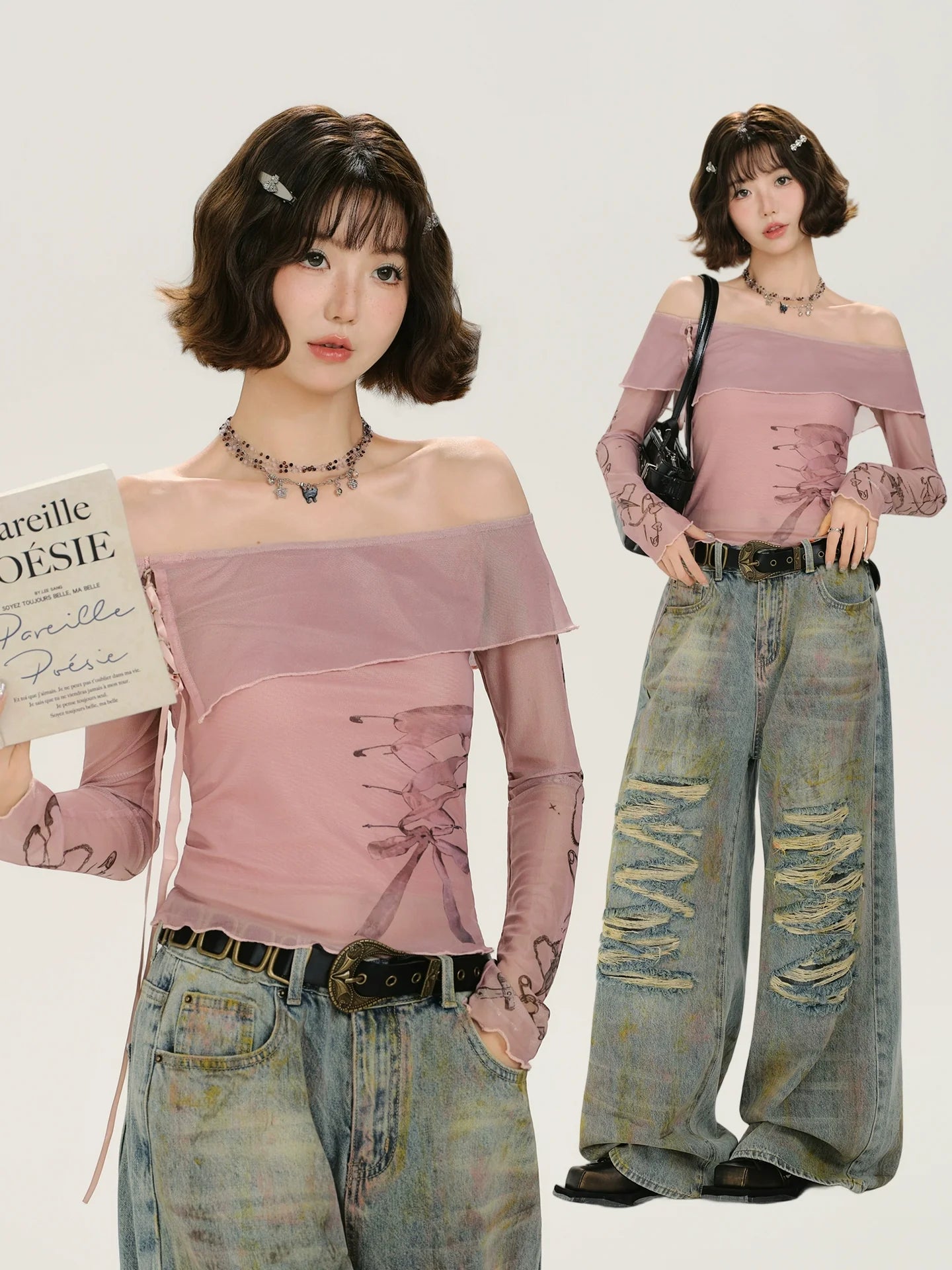 Girlyhalo Retro Vintage Print Off-Shoulder Long Sleeve T-Shirt