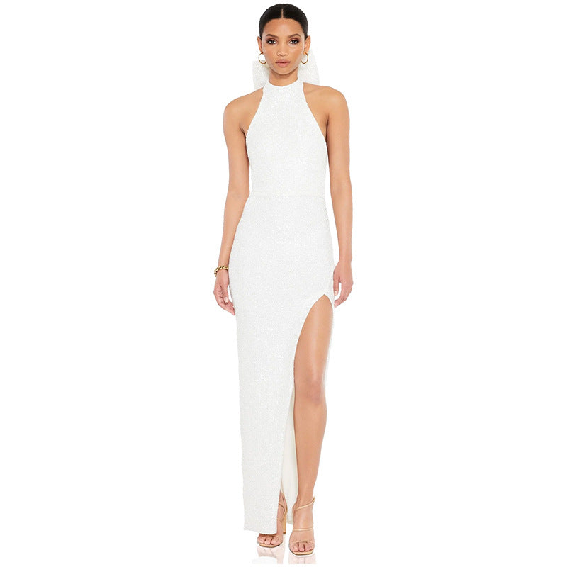 Sexy Sequined Halter Bow Evening Party Dresses