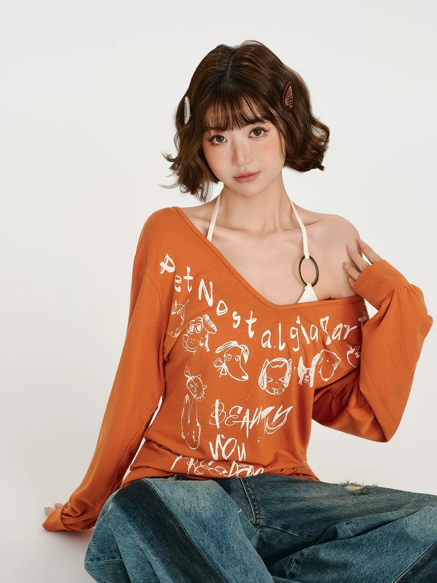 Girlyhalo Retro Babe Print Off-Shoulder Long Sleeve T-Shirt