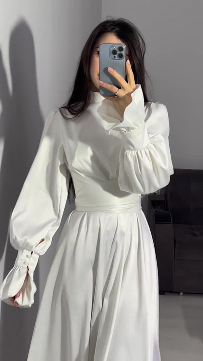 Elegant Long-sleeved Waist-tied Puff-sleeved  Women Dresses