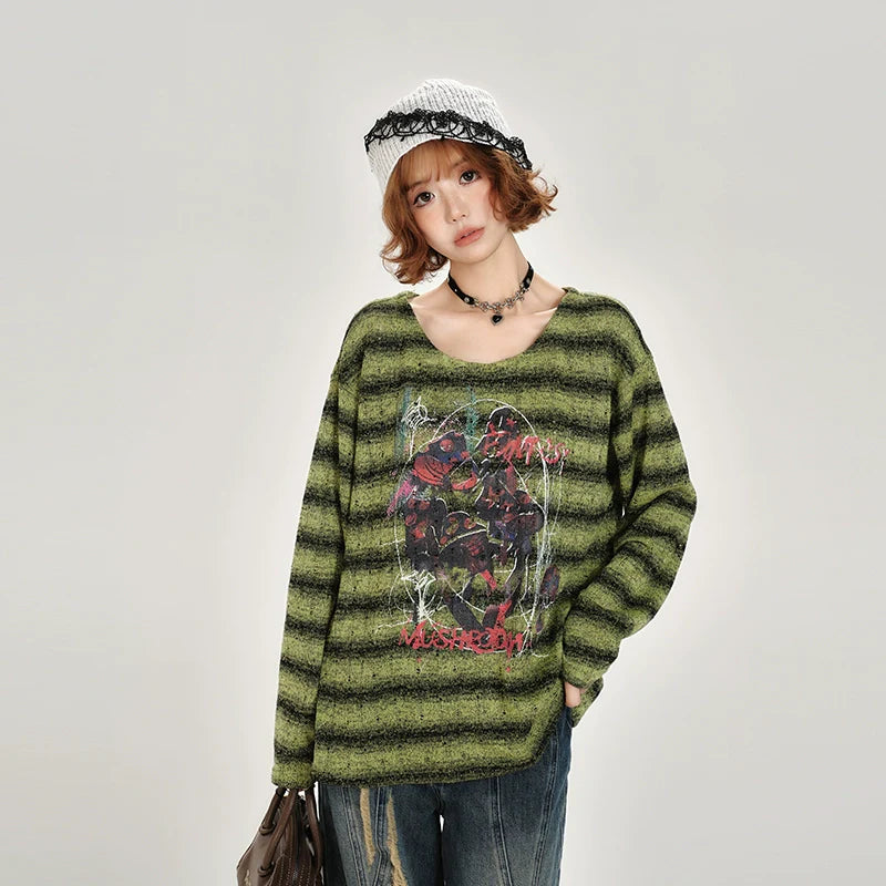 Girlyhalo Retro Green Striped Long Sleeve T-Shirt for Women-Green Striped-S-Free Shipping Leatheretro