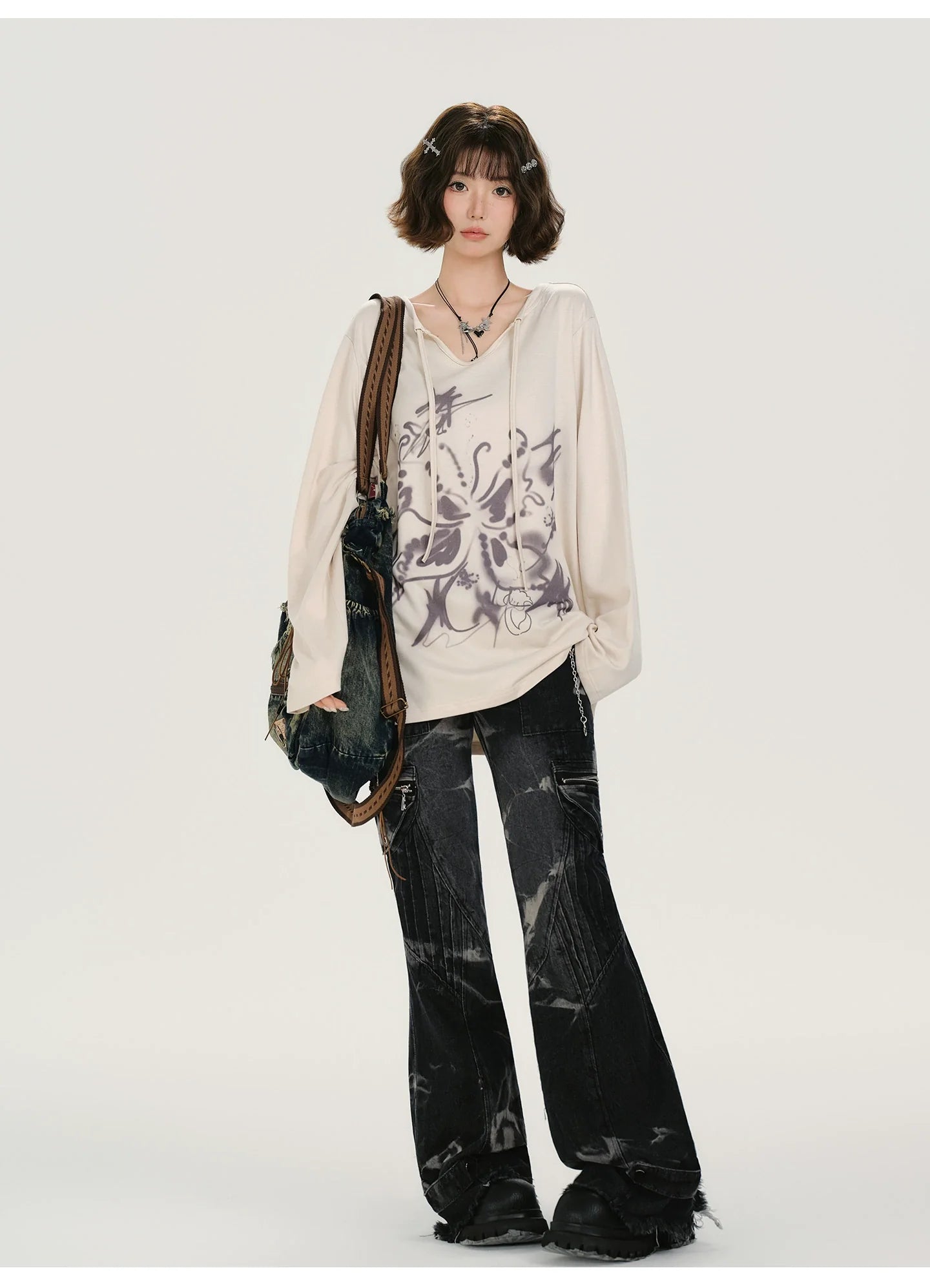 Girlyhalo Retro Print Long Sleeve T-Shirt