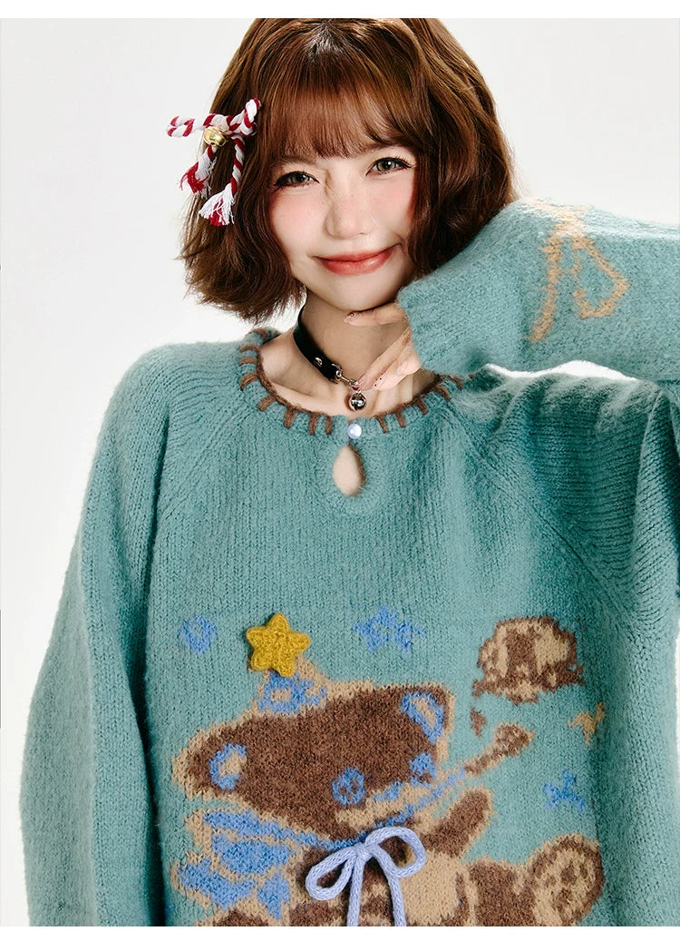 Girlyhalo Cozy Retro Bear Knit Sweater Women