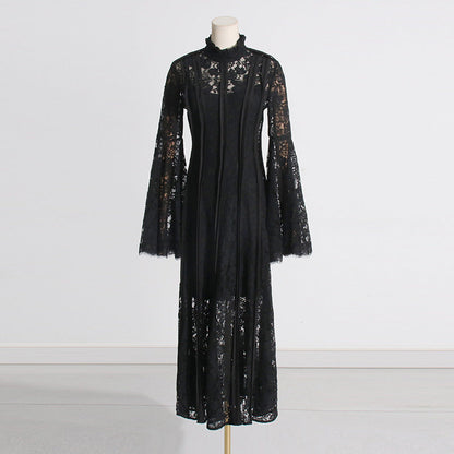 Retro Elegant Summer Lace Embroidered High-Waist Pleated Dress