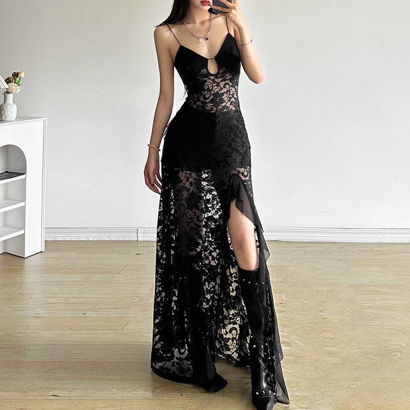 Summer Black Slim Fit High Waist V-Neck Mesh Slip Dress
