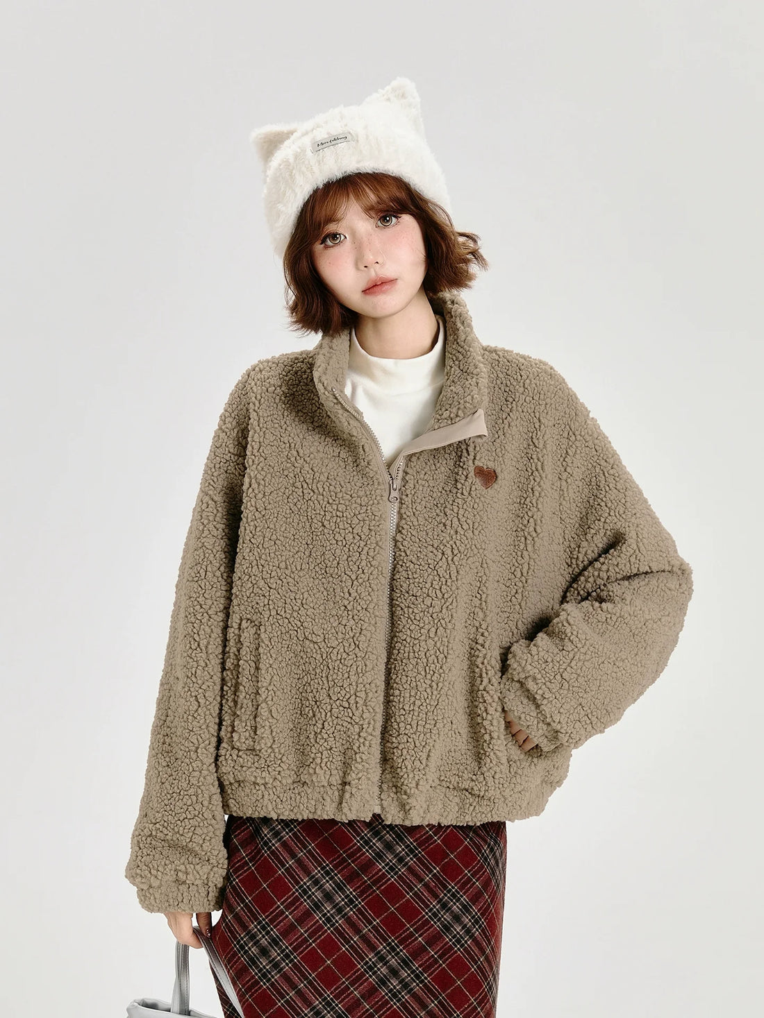 Girlyhalo Women's Vintage Faux Shearling Jacket-Khaki-S-Free Shipping Leatheretro