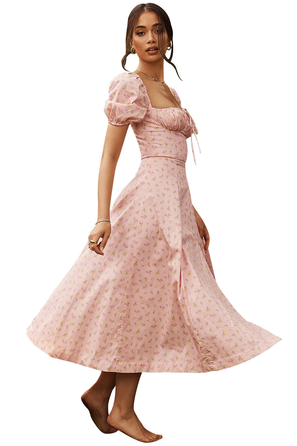Women's Floral Wrap Slit Maxi Dress with Puff Sleeves