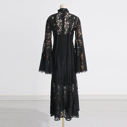 Retro Elegant Summer Lace Embroidered High-Waist Pleated Dress