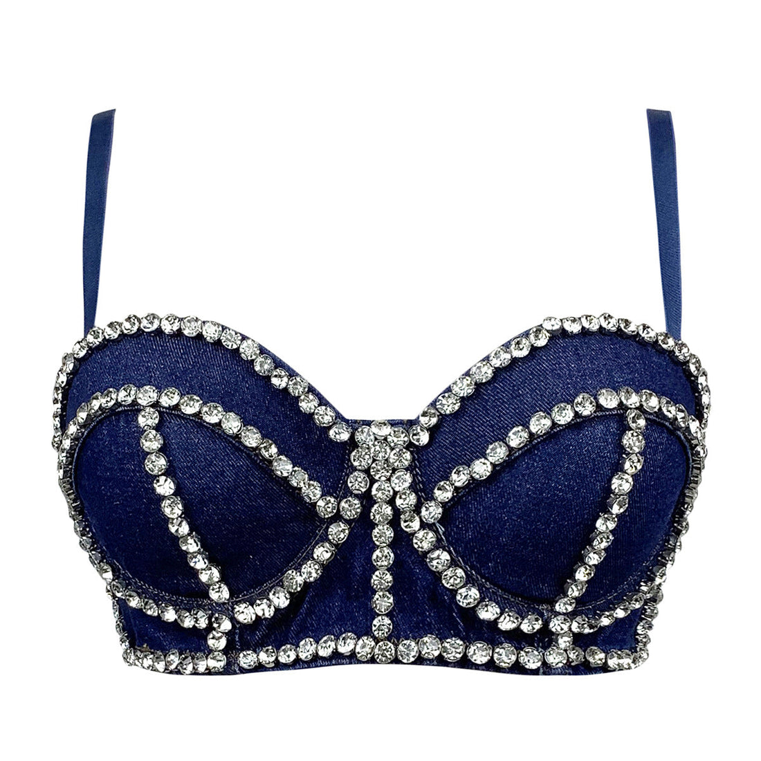 Cowfish Bone Inlaid Diamonds Detachable Straps Back-Closure Denim Corset Top