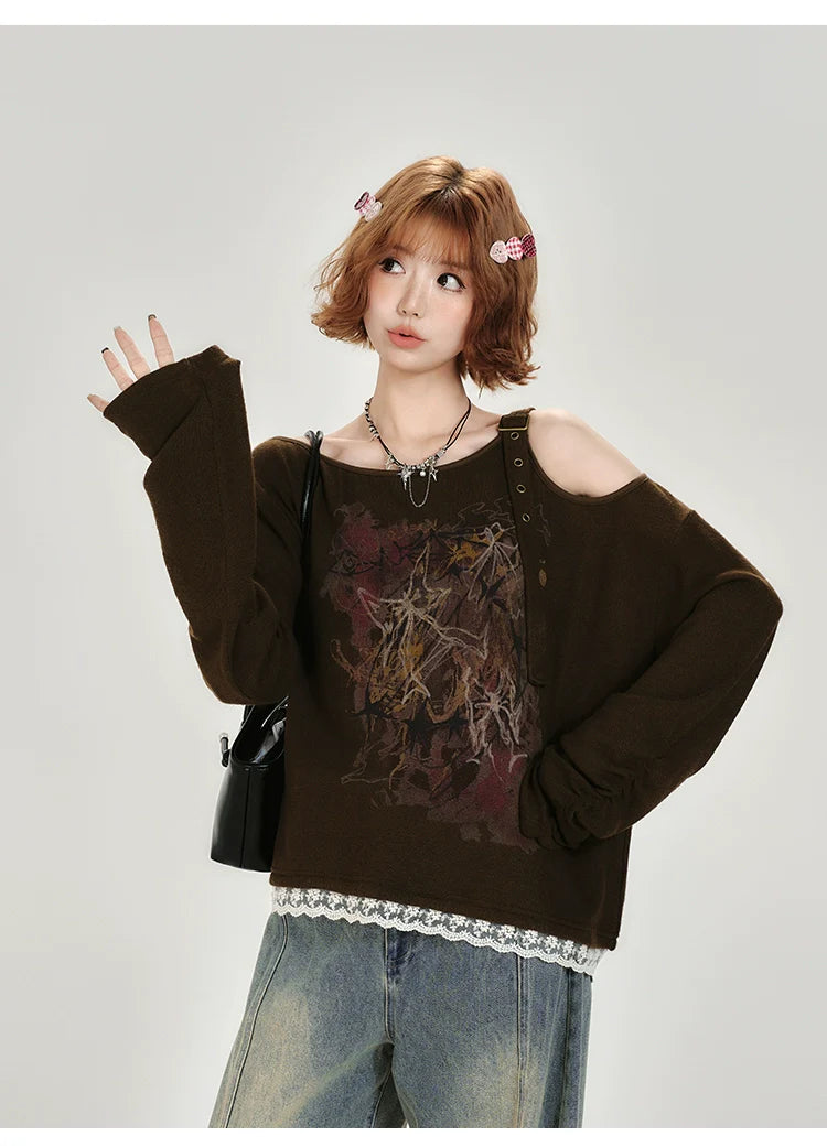 Girlyhalo Vintage Off-Shoulder Long Sleeve Top-As Photo-S-Free Shipping Leatheretro