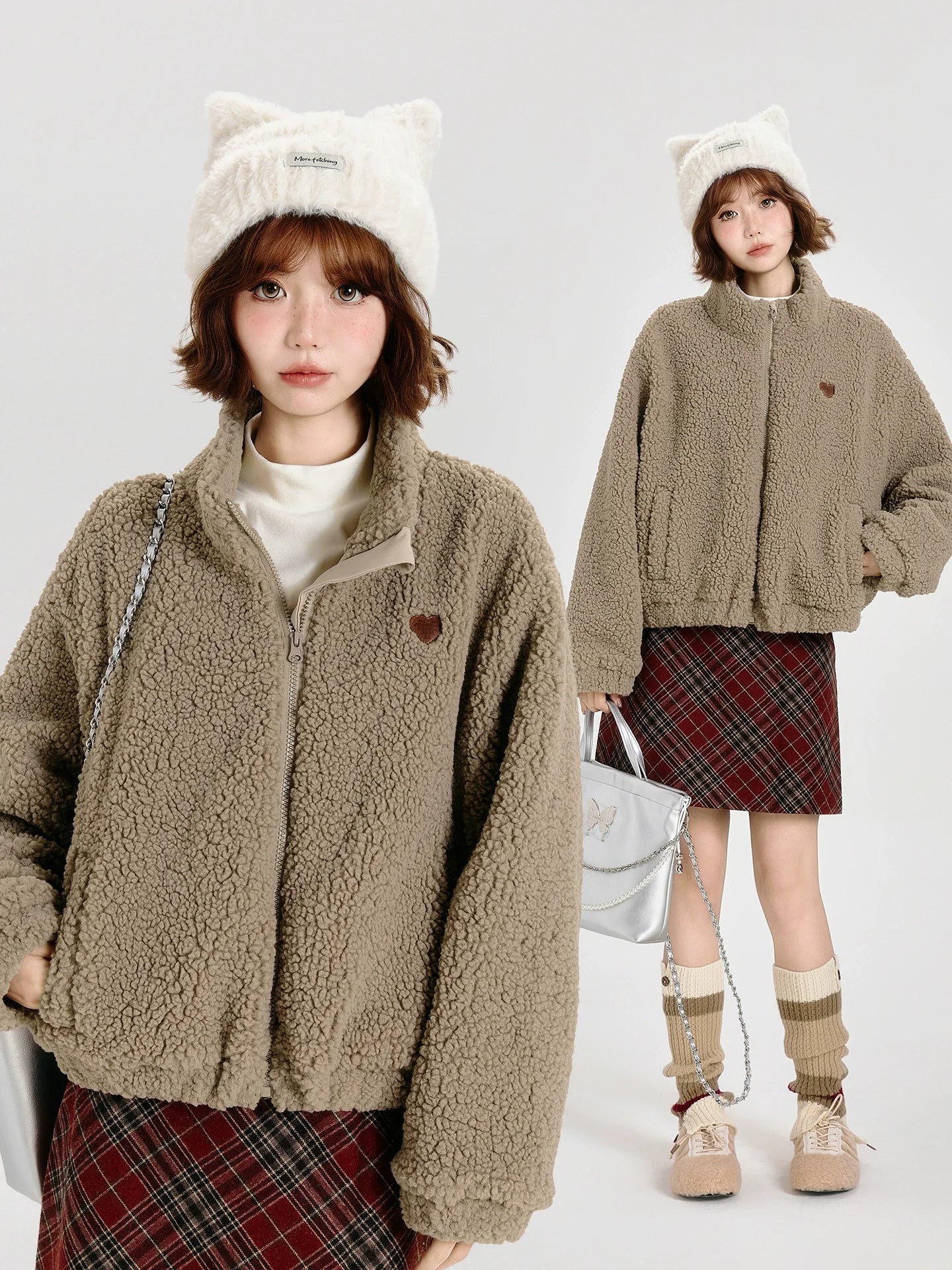 Girlyhalo Women's Vintage Faux Shearling Jacket-Khaki-S-Free Shipping Leatheretro