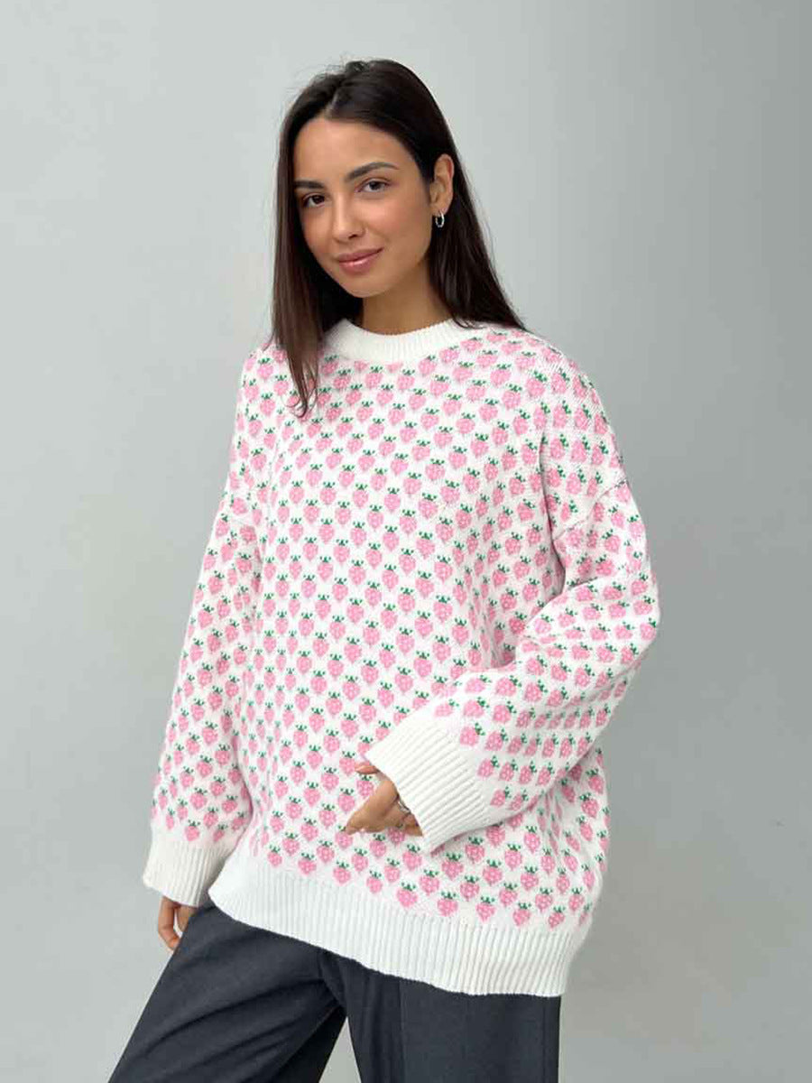Oversized Strawberry Print Sweater
