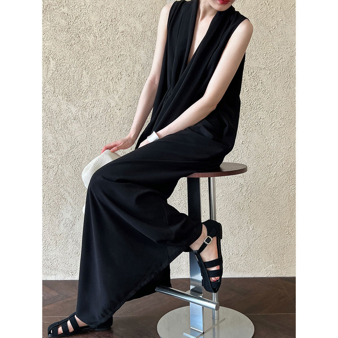 Women's V-Neck Sleeveless Twist Knot Long Dress-Pumpkin color-M-Free Shipping Leatheretro