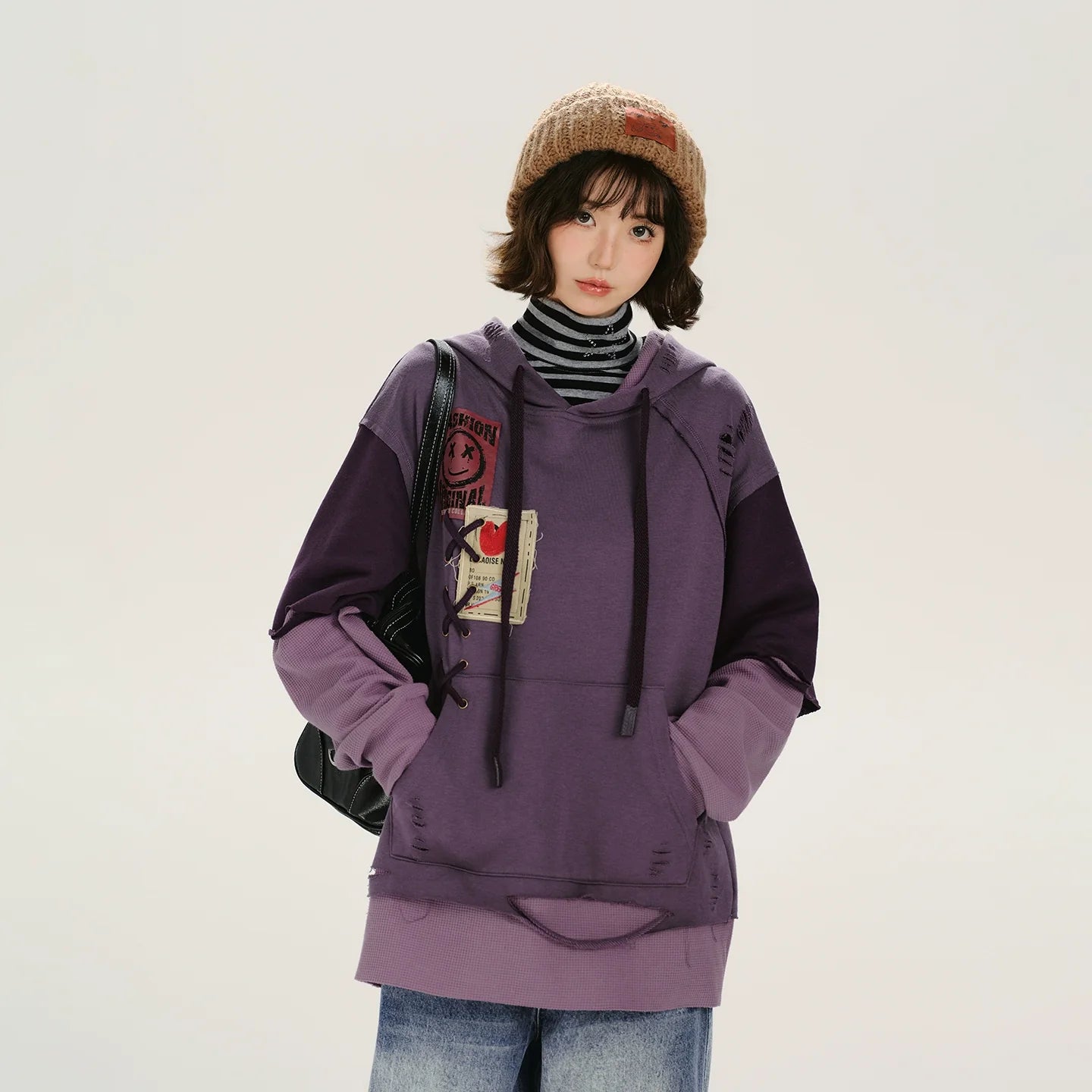 Retro Distressed Design Fake Two-Piece Hooded Sweatshirt