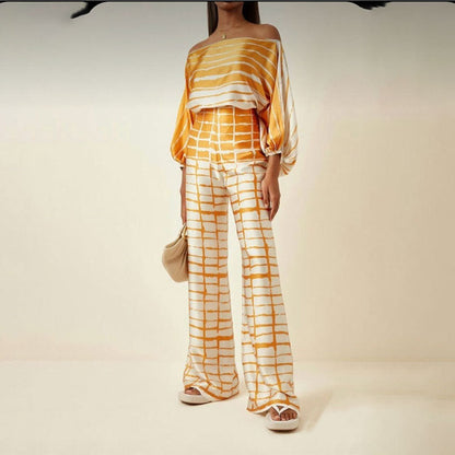 Women's Printed Round Neck Batwing Sleeve Top & Wide-Leg Pants Set