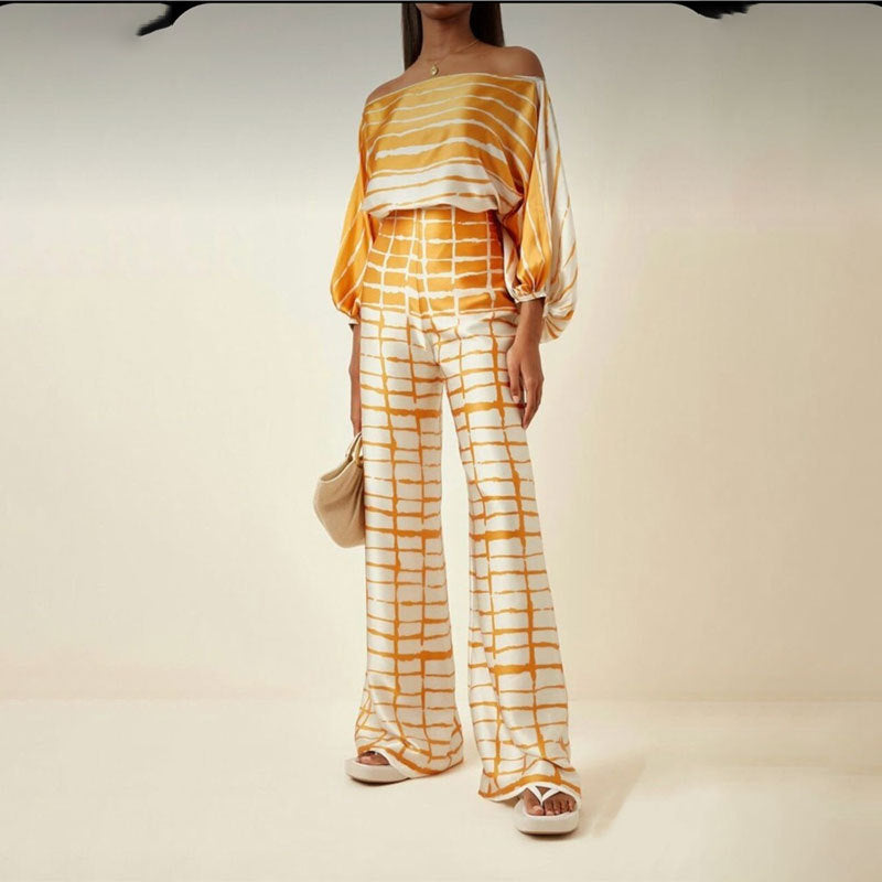 Women's Printed Round Neck Batwing Sleeve Top & Wide-Leg Pants Set