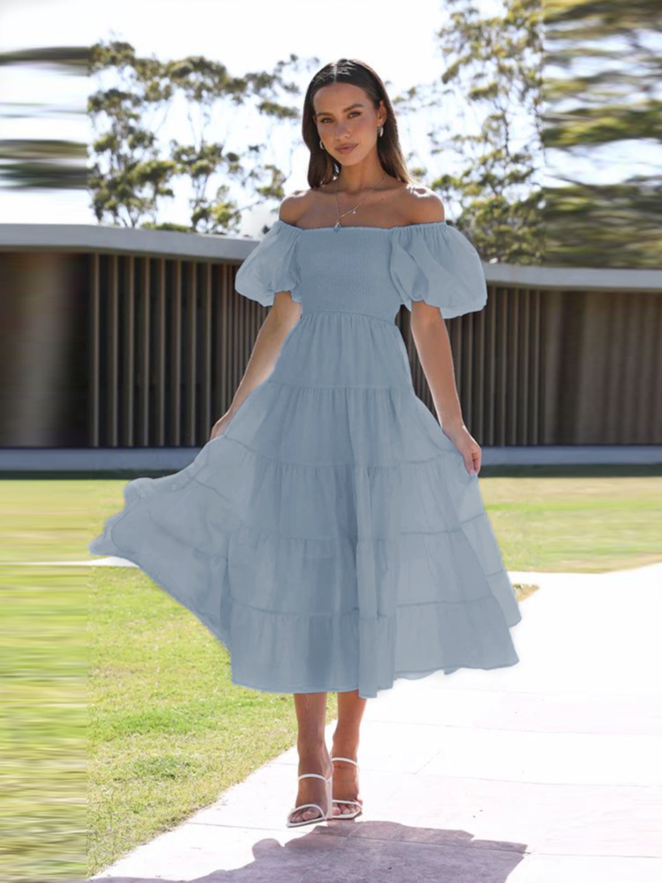 Spring Summer Off-Shoulder Floral Print Puff Sleeve Dress