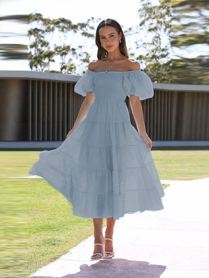 Spring Summer Off-Shoulder Floral Print Puff Sleeve Dress