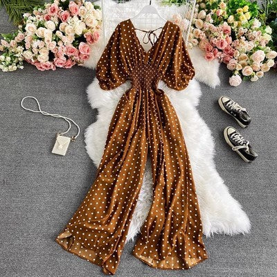 Women's Sexy V-Neck Batwing Sleeve Waist-Cinching Slimming Polka Dot Print Jumpsuit