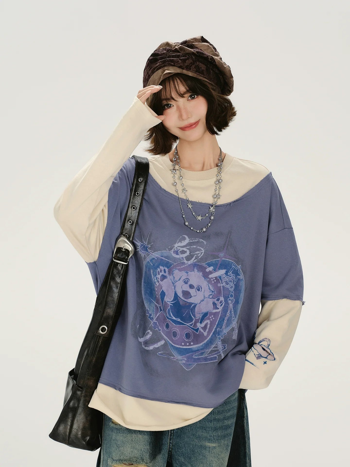 Girlyhalo Retro Print Long-Sleeve Pullover Sweatshirt for Women