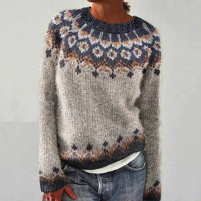 Women's Loose Knit Sweater - Color Block Round Neck Pullover