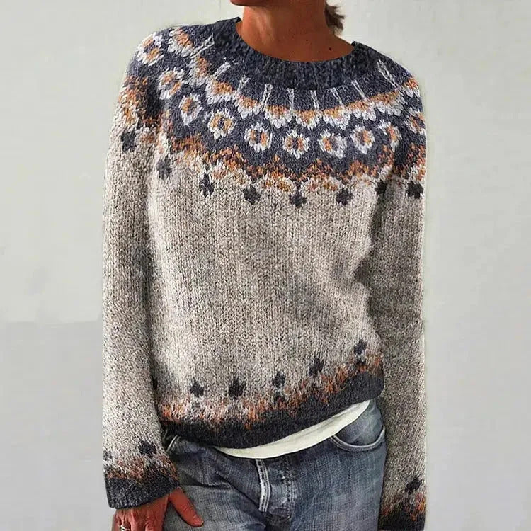 Women's Loose Knit Sweater - Color Block Round Neck Pullover