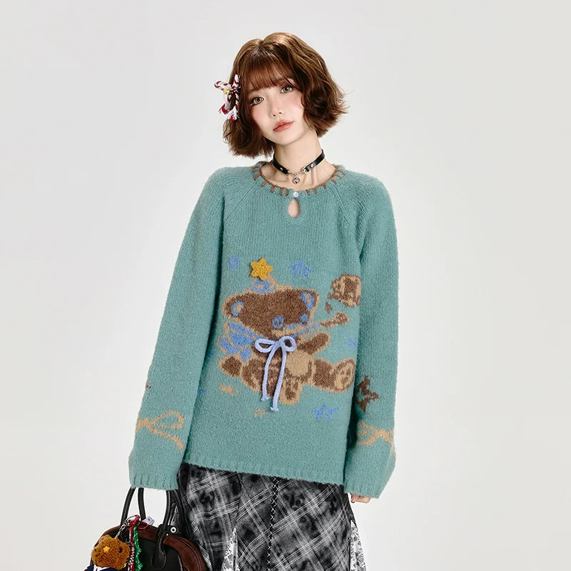 Girlyhalo Cozy Retro Bear Knit Sweater Women