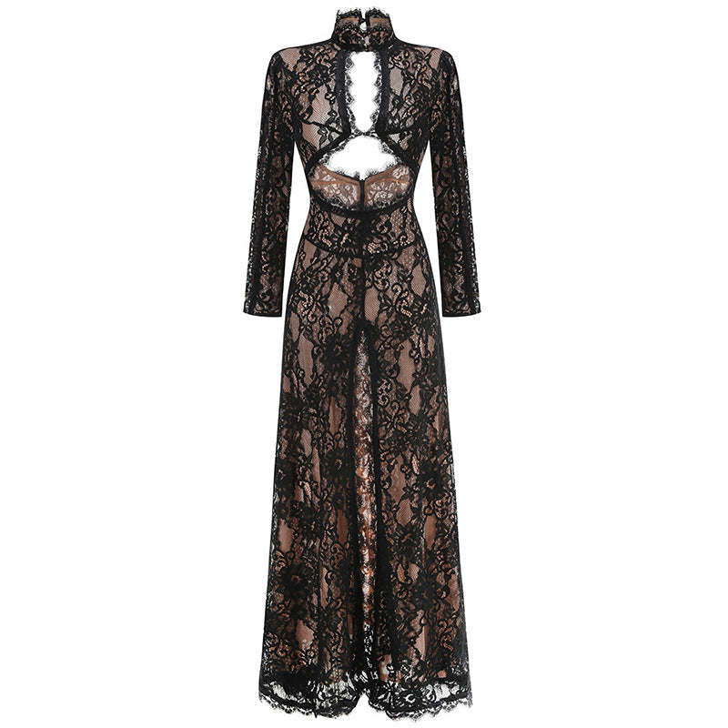 Elegant Long Sleeve Lace Backless Maxi Dress