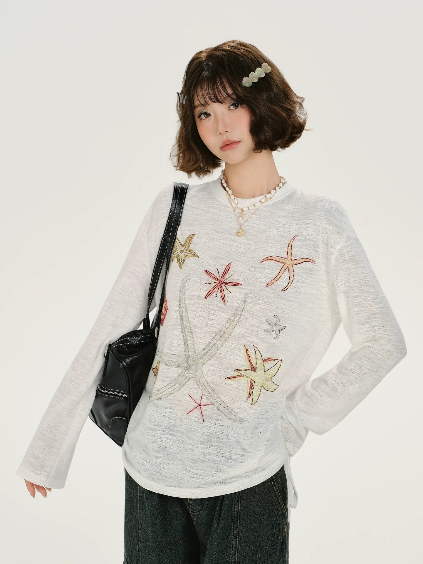 Girlyhalo Retro Print Rhinestone Long Sleeve T-Shirt