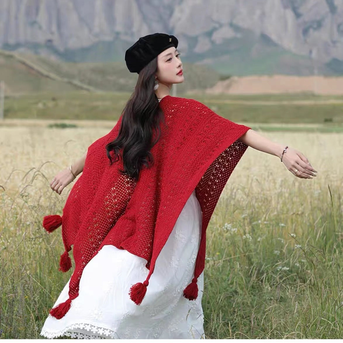 Boho Chic Knit Fringe Shawl – Ethnic Travel Wrap with Slit for Women
