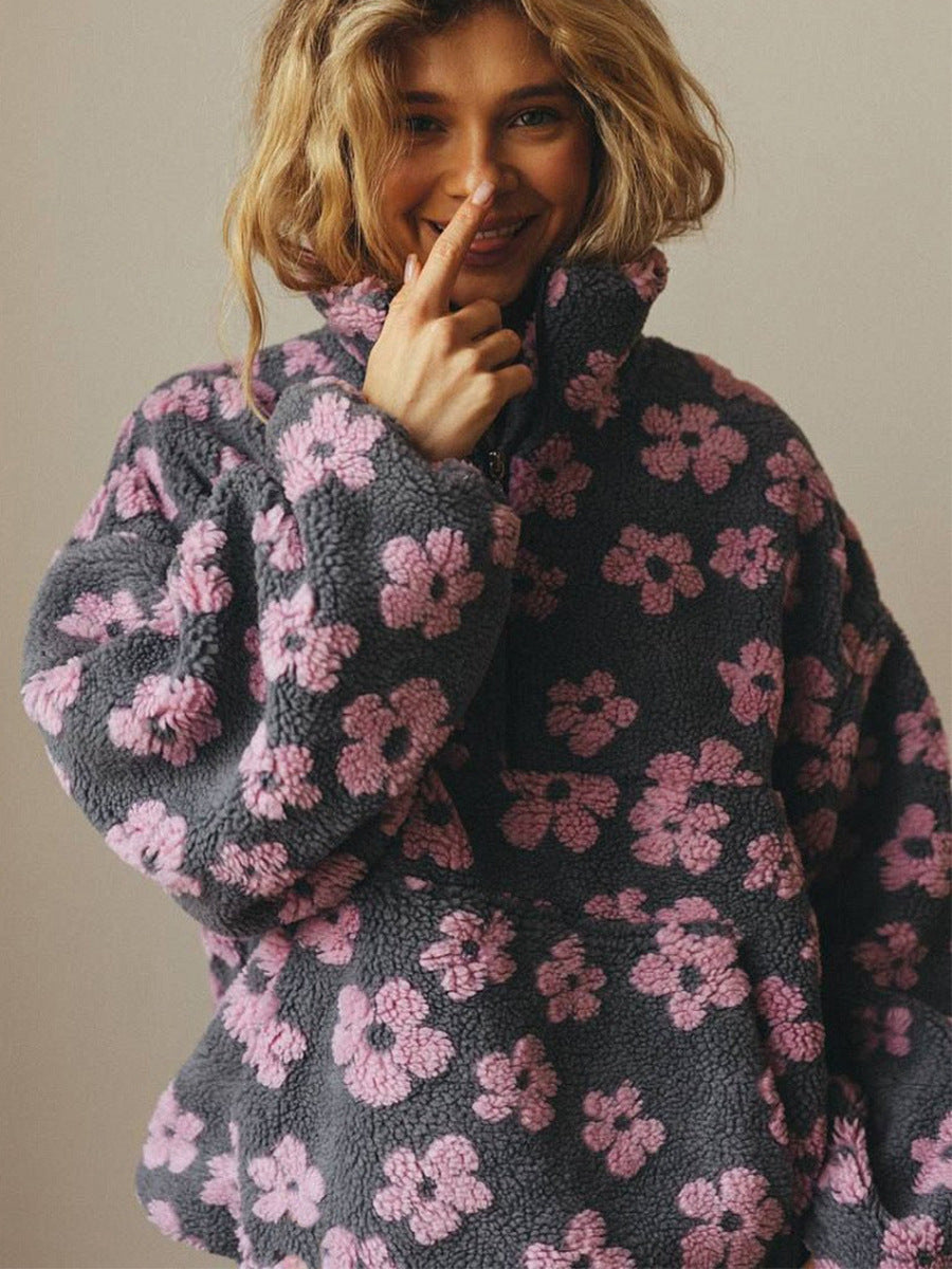 Women's Floral Print Sherpa Hoodie