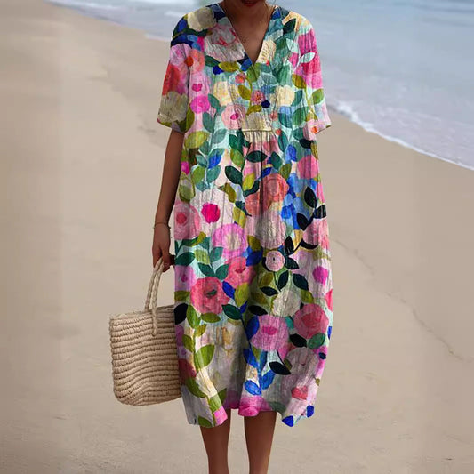 Women's Casual Floral Print 3D Sleeve Shirt Dress