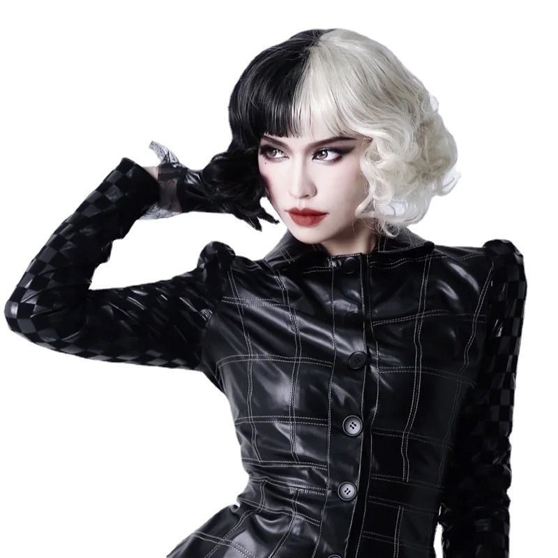 Disney Cruella de Vil Costume - Black and White Cape with Wig for Halloween and Cosplay