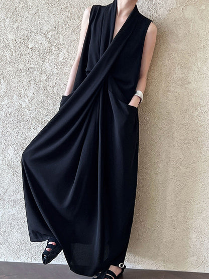 Women's V-Neck Sleeveless Twist Knot Long Dress-black-M-Free Shipping Leatheretro